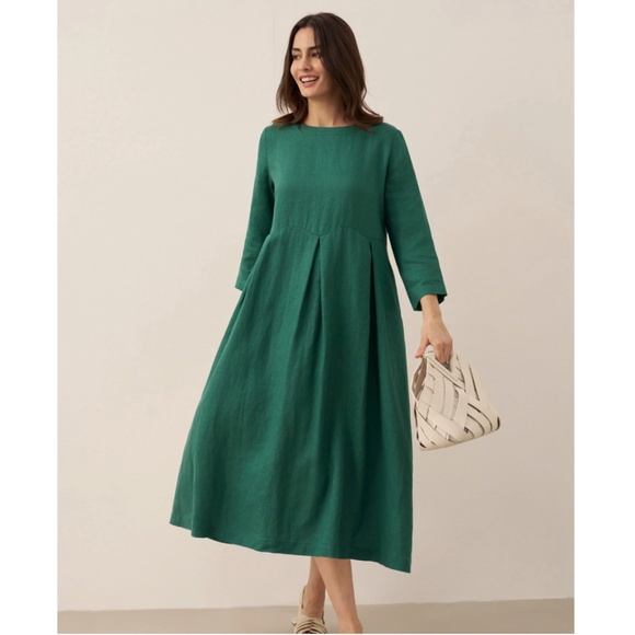 100% Linen Bateau Neck Pleated Maxi Dress, verdant green, brand new with tag on - Picture 1 of 8